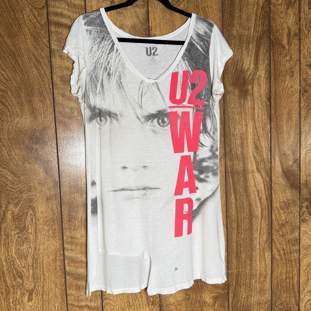 U2 War Album Graphic T-Shirt Tunic Y2K White Cotton Distressed Rock Band Tee S